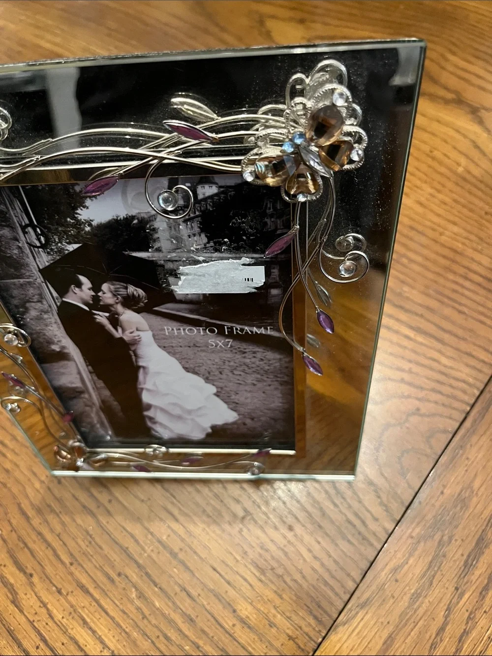 Decorative Glass Photo Frame with Purple Accent Wire Floral Design, 5x7